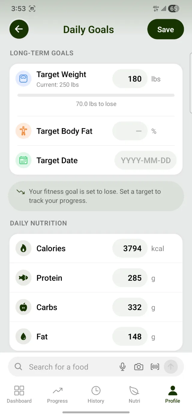 Daily goals — targets for weight, calories and macros