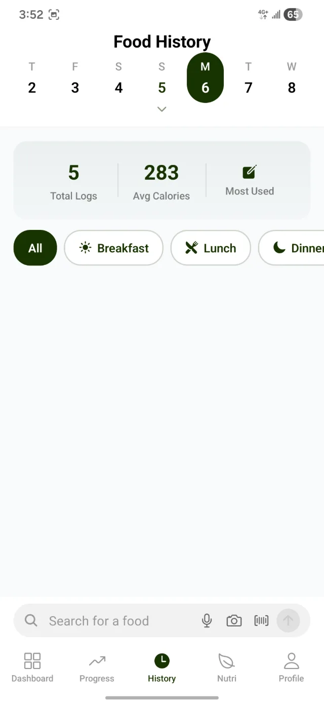 Food history — logs filtered by meal